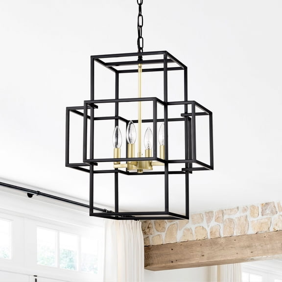 4-Light Metal Lantern Tiered Pendant Light - Matte Black & Gold Industrial Farmhouse Chandelier