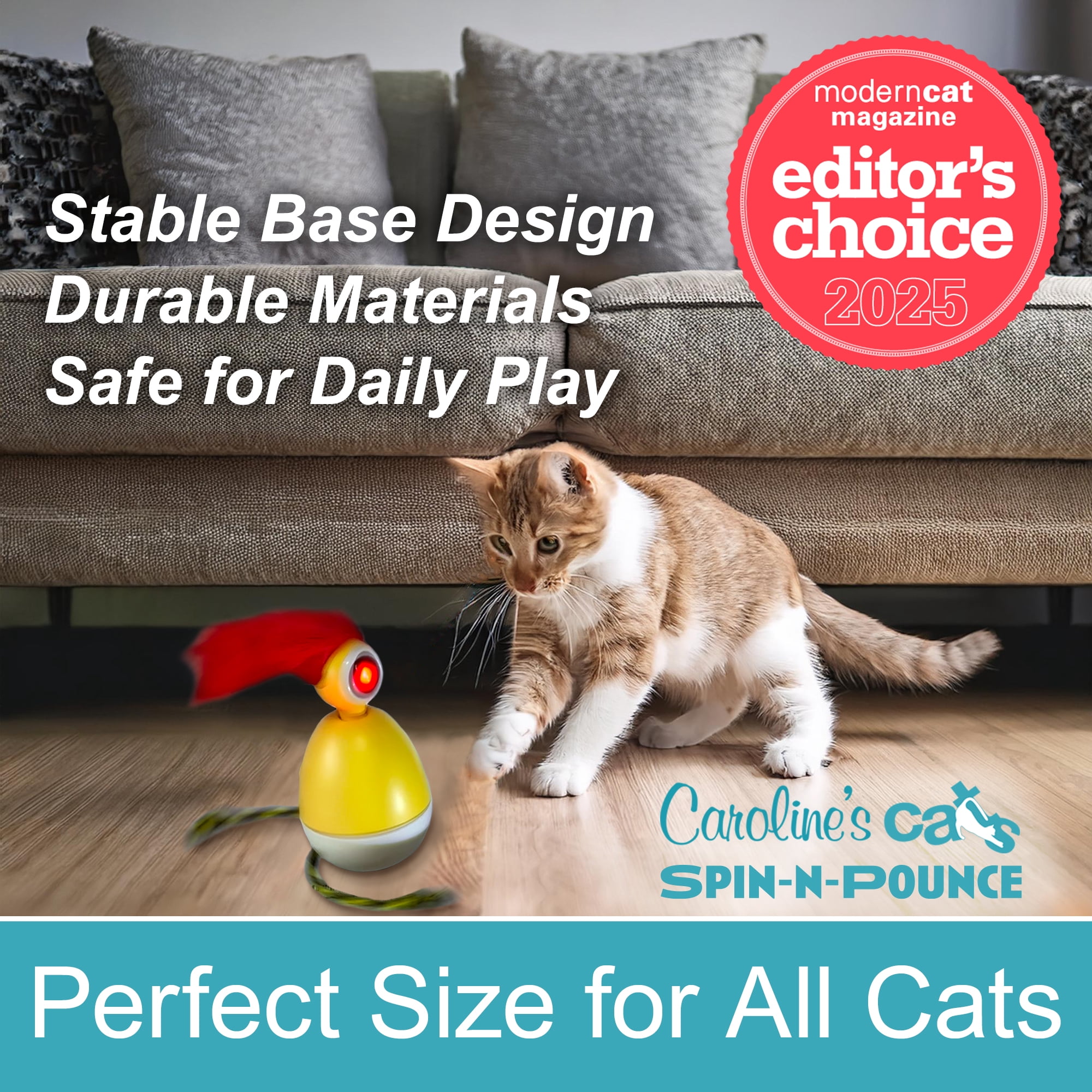 Caroline’s Cats Spin-N-Pounce Rechargeable Automatic Cat Toy, Motion Activated 360° Spinning Toy for Indoor Cats, Self Play Exercise & Enrichment Toy for Bored Cats