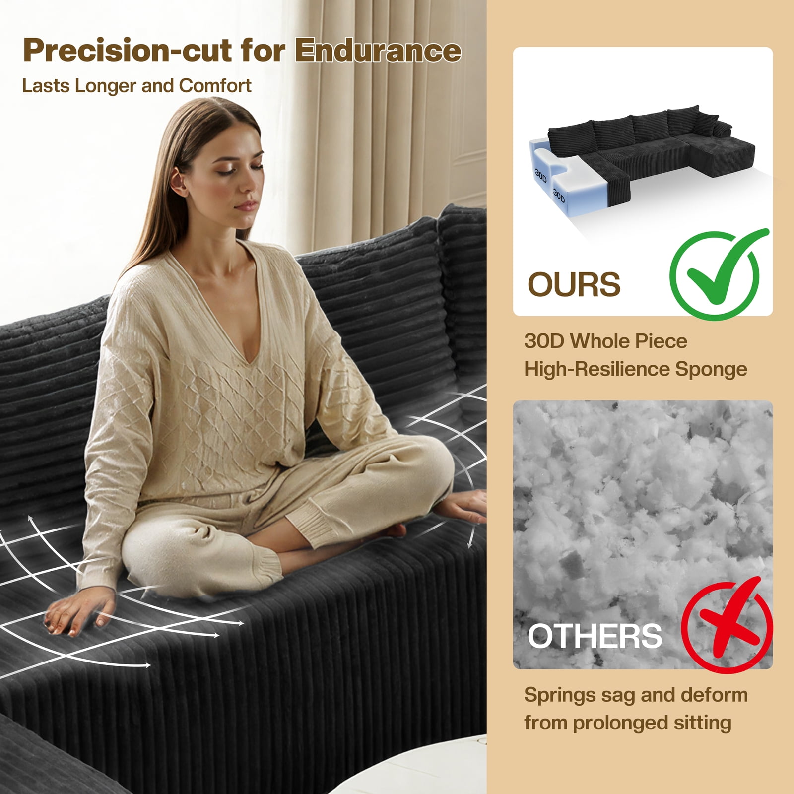 Kelyda 130'' Boneless Sectional Couch, Modern Faux Fur U Shaped Modular Cloud for Living Room Dark Grey