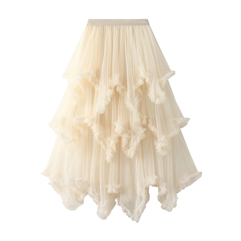Franhais Women Layered Tulle Long Skirt, Fashion High Waist Solid Color Frill Trim Ruffle Midi Skirt