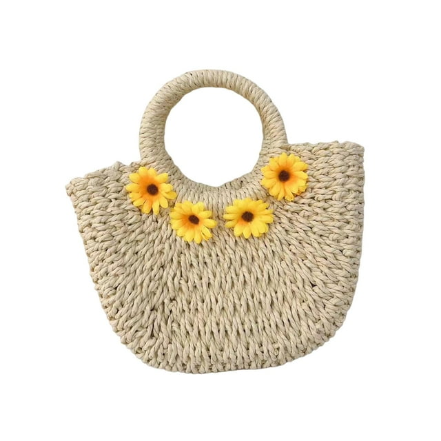 Bolso de mano bohemio tejido con asa superior, bolso de playa, elegante bolso de paja para mujer, verano Beige