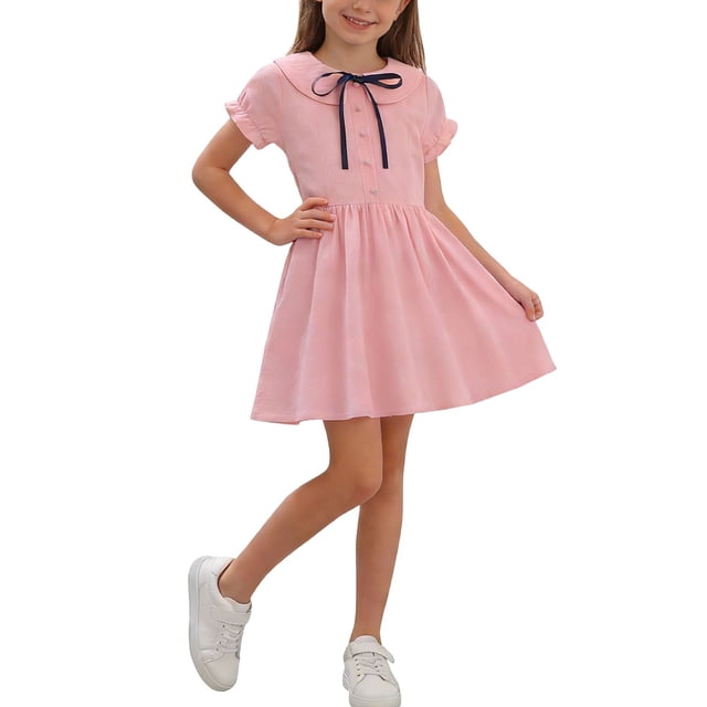 Vestido de verano de manga corta con cuello vuelto para mujer, talla mediana a grande, color liso, con lazo y solapa, abotonado y manga corta. Vestido de manga corta con solapa. Vestido de niña.