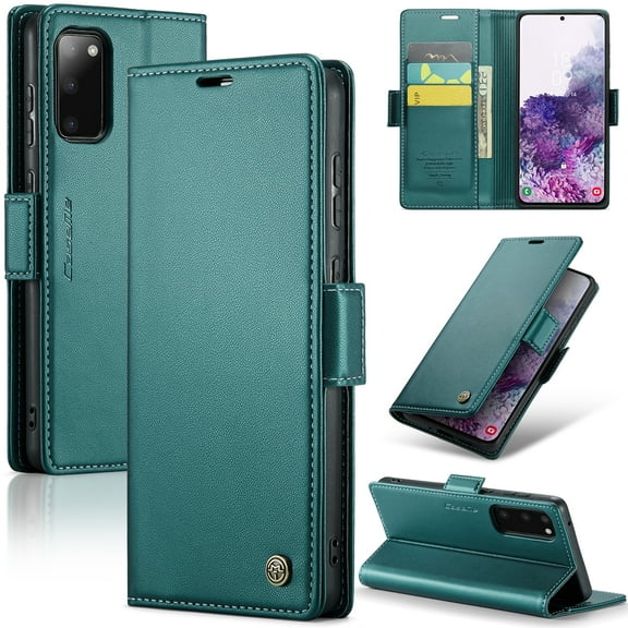ELEHOLD Wallet Case For Samsung Galaxy S20 ,Premium Leather Case wih RFID Blocking Function Card Slots Kickstand Magnetic Clasp Shockproof Cover for Men Women,Green