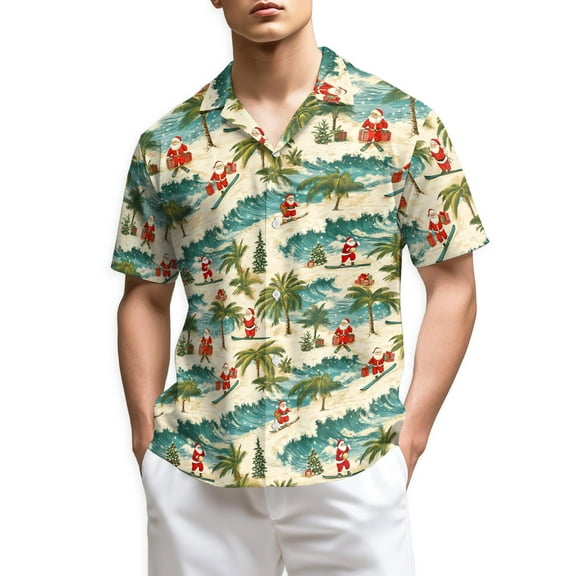 Netecom Funny Santa Surfing Hawaiian Shirt for Men, Tropical Style, Button Down Summer Beach Short Sleeve, S-5XL