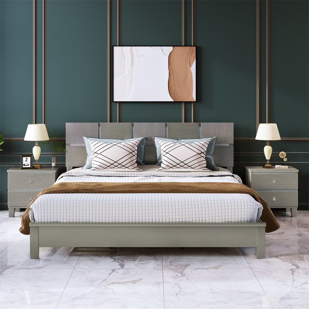 King Size Platform Bed with 2 Nightstands, 3 Pieces Modern King Size