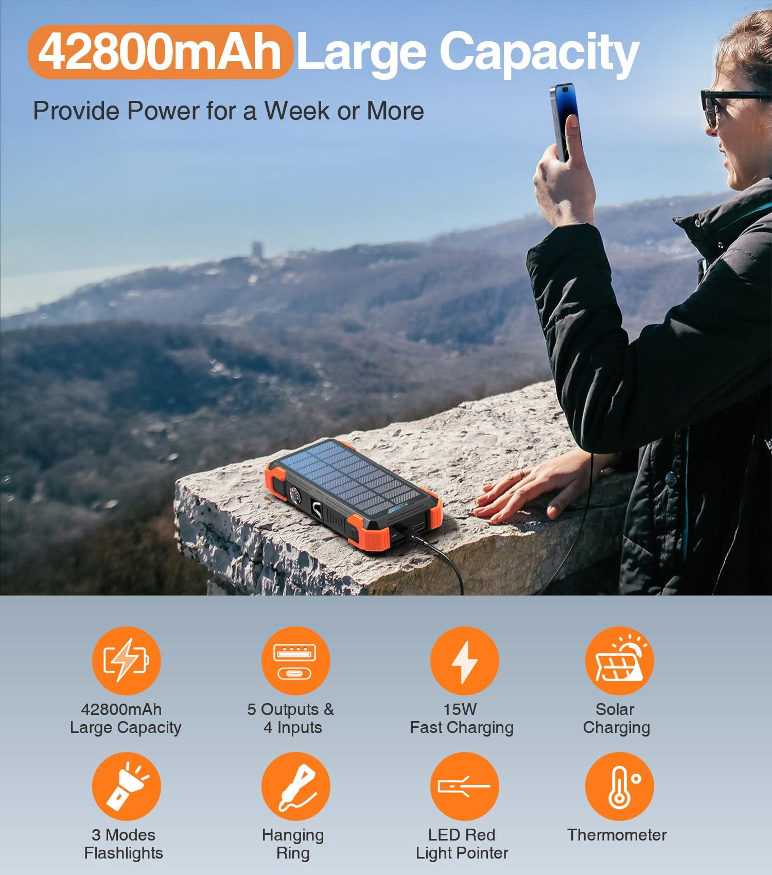 42800mAh Solar Power Bank with Built-in Cables, Solar Charging, Flashlight, and 15W Fast Charging
