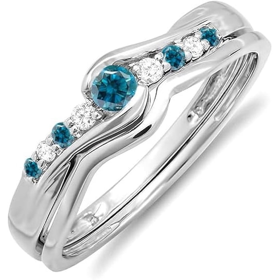 Dazzlingdaimonds Women's 2.00 Ct Round Cut Blue Topaz & Diamond Engagement Wedding Thanksgiving Christmas Bridal Ring Set 14K White Gold Plated 925 Sterling Silver -6.5