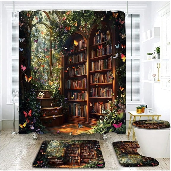 4 Piece Gothic Retro Library Shower Curtain Set with Rugs, Toilet Lid Cover ,Spring Garden Green Plant Vine Tree Forest Colorful Butterfly Medieval Room Castle Bathroom Shower Curtain with Hooks