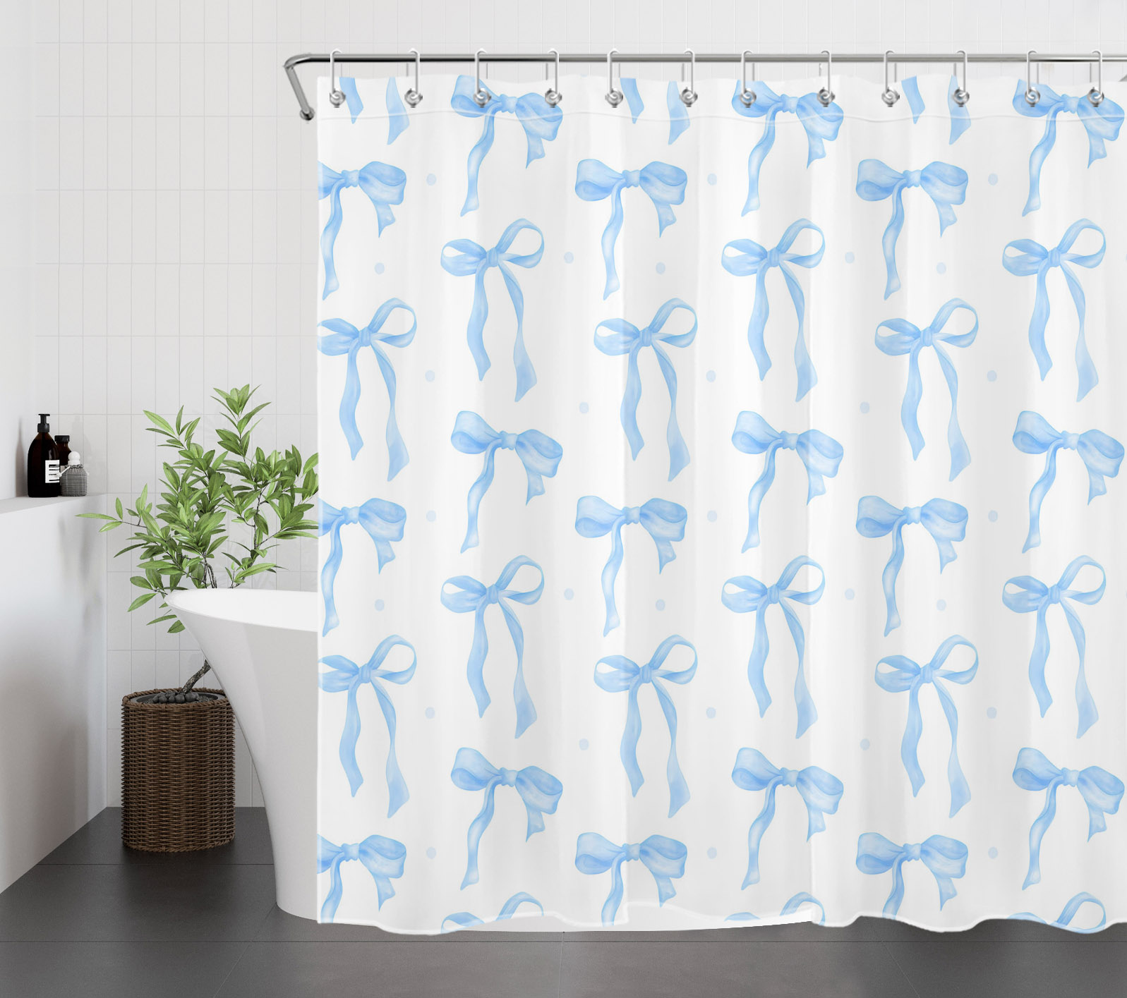 HVEST Blue Bow Shower Curtain with Blue and White Design - Modern Simple Aesthetic Bathroom Decor, Waterproof Polyester Fabric, Includes 12 Hooks, 72x72 Inches