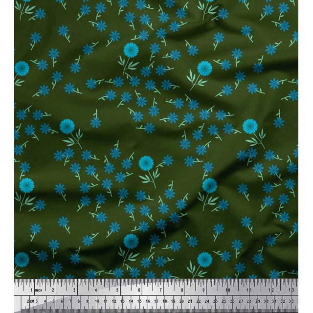 Soimoi Poly Georgette Fabric Leaves & Blue Flower Floral Decor Fabric Printed Yard 52 Inch Wide