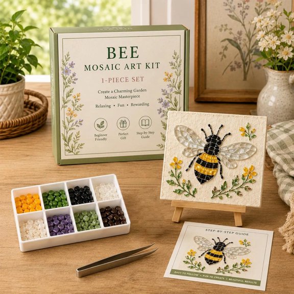 Hyknon Sea Glass Art Kit for Adults, DIY Mosaic Craft Kits with Tools(Drawing Board Easel Sea Glass Forceps Glue Drawing Paper), Bee Flowers Wall Tables Decor, Beginner-Friendly Home Decor 5.9"