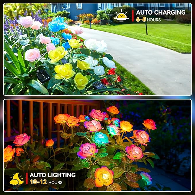 KOMI Solar Garden Lights Outdoor, 4 Pack Solar Lights Outdoor with 20 Rose Flowers, Waterproof 7 Color Changing Solar Powered Flowers Lights for Outside Patio Yard Pathway