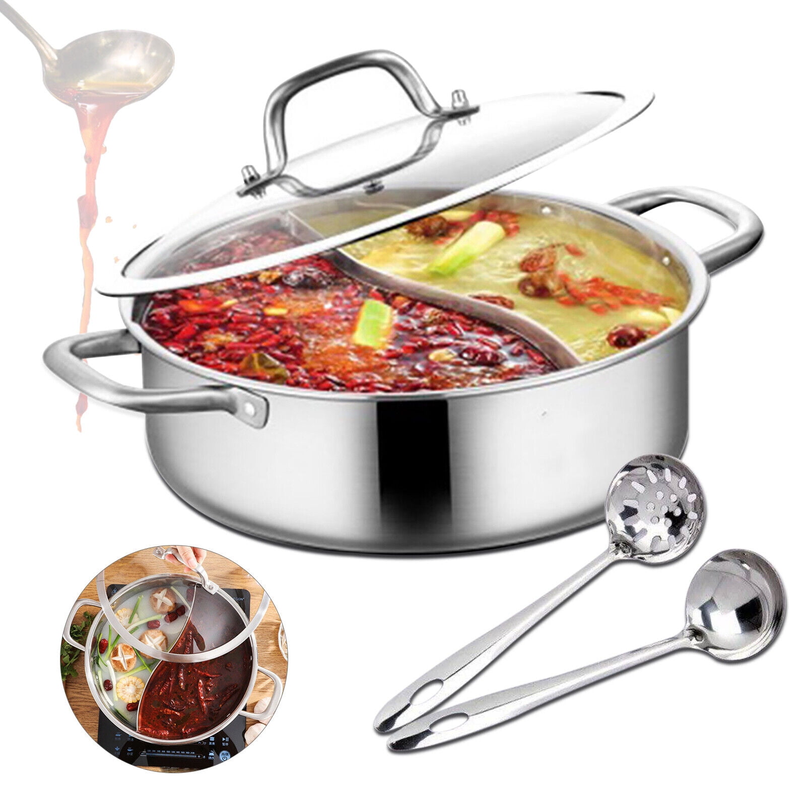 Dual Sided Soup Stockpot with Divider Kitchenware Cookware Cookware Cooking  Pot Hot Pot Pan for Electric Cooker Travel Home Restaurant Party 32cm 