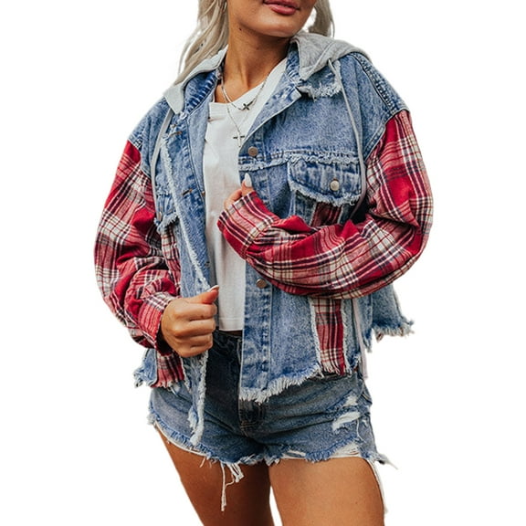 Women's Beau Blue Plaid Patchwork Hooded Denim Jacket