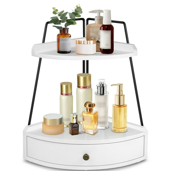 2 Tier Bathroom Counter Organizer, Wood Bathroom Organizer Countertop with Drawer, Corner Storage Shelf for Cosmetic Vanity Tray, Kitchen Spice Rack, Kitchen Organizer and Storage