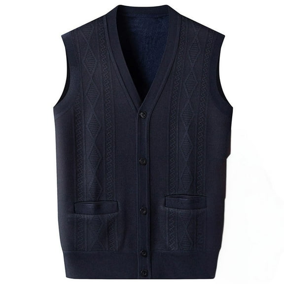 Oplxuo Sweater Vest for Men Warm Fleece Lined Button V Neck Sleeveless Cardigan Knitted Winter Waistcoat