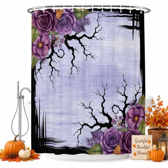 Halloween Floral Shower Curtain, Waterproof Shower Curtains for Bathroom, Fall Country Spooky Branches Plants Purple Washable Fabric Bathtub Curtain Set Bath Decor with 12 Hooks 72"x78"