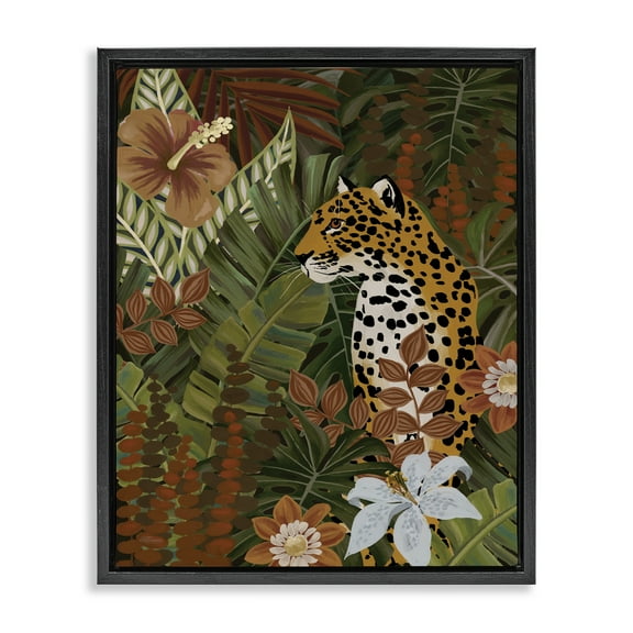 Stupell Industries Hibiscus Jungle Leopard Animals Painting Black Floater Framed Canvas Art Print Wall Art, 17 x 21