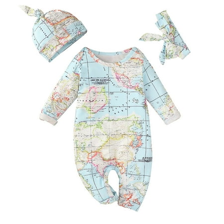 

Dadaria Toddler Fall Outfits 3-18M Newborn Infant Baby Girls Boys Pattern Print Jumpsuit Romper+Headband+Hat Outfit Blue 90 Toddler