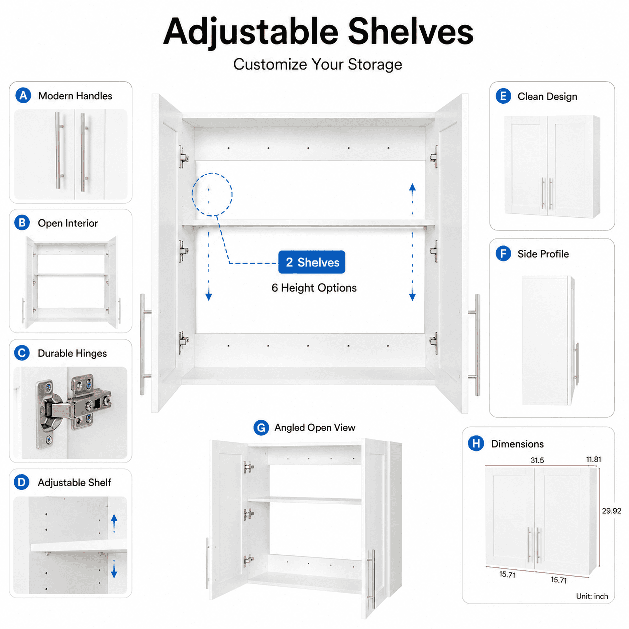 Aukfa 31.5" Wall Mounted Storage Cabinet with Adjustable Shelves, Stackable Utility Cabinet for Laundry Room & Kitchen, White
