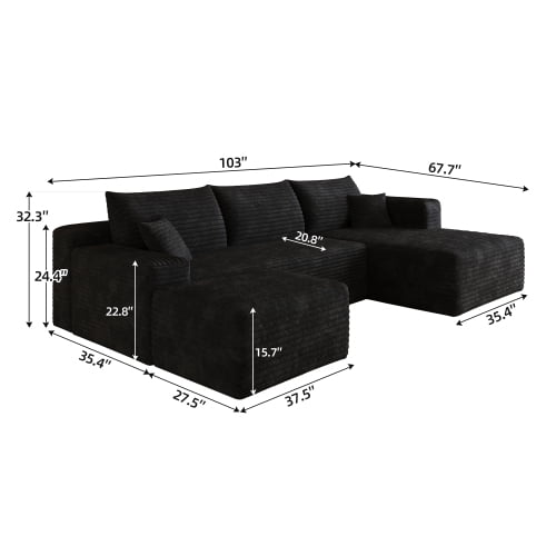 103" Cloud Sectional Sofa, Modern L Shaped Deep Seat Couch, Plush Corduroy Upholstered Sofa No Assembly, Living Room