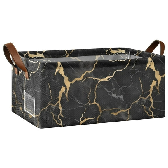 Collapsible Storage Bins Fabric Shelf Baskets with Handles 16.9"x11.4"x7.7" Closet Organizer Black and Gold Marble