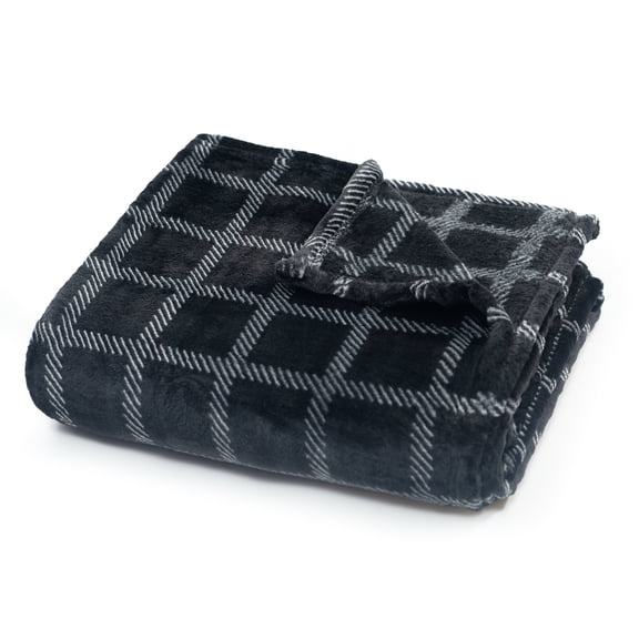 Fleece Throw Blanket - 50x60 Inch - Modern Dash Windowpane Design - Ultra Soft Warmth - Black