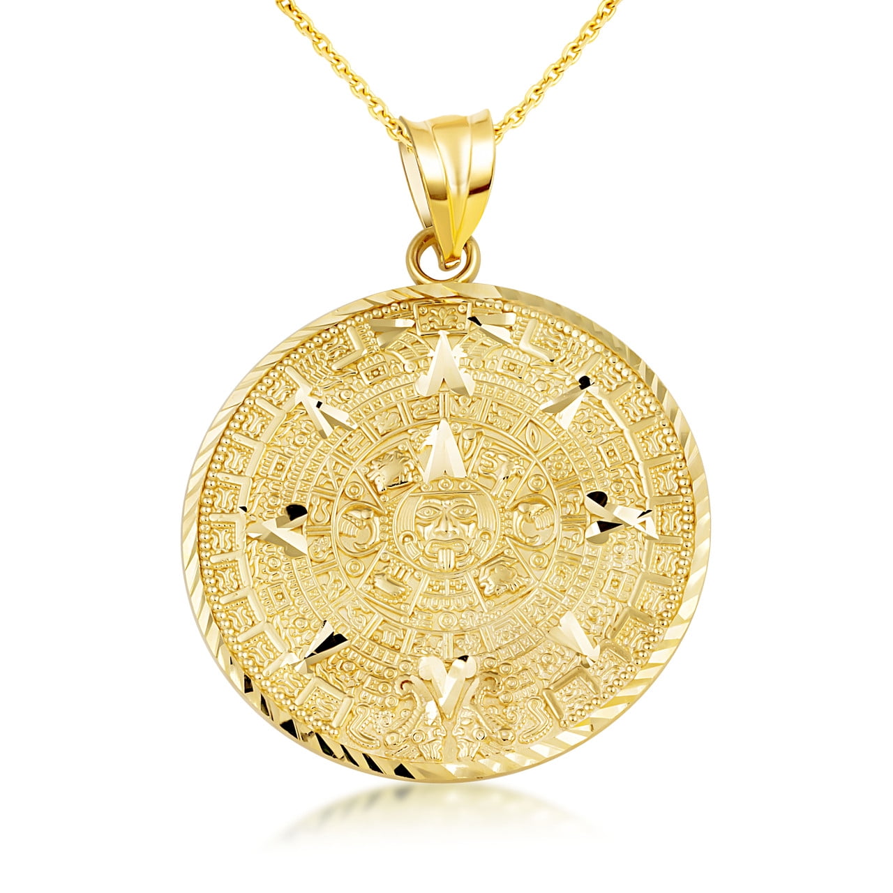 14k Yellow Yellow Gold Aztec Calendar Pendant Medallion Necklace (SMALL) (16 Inches)