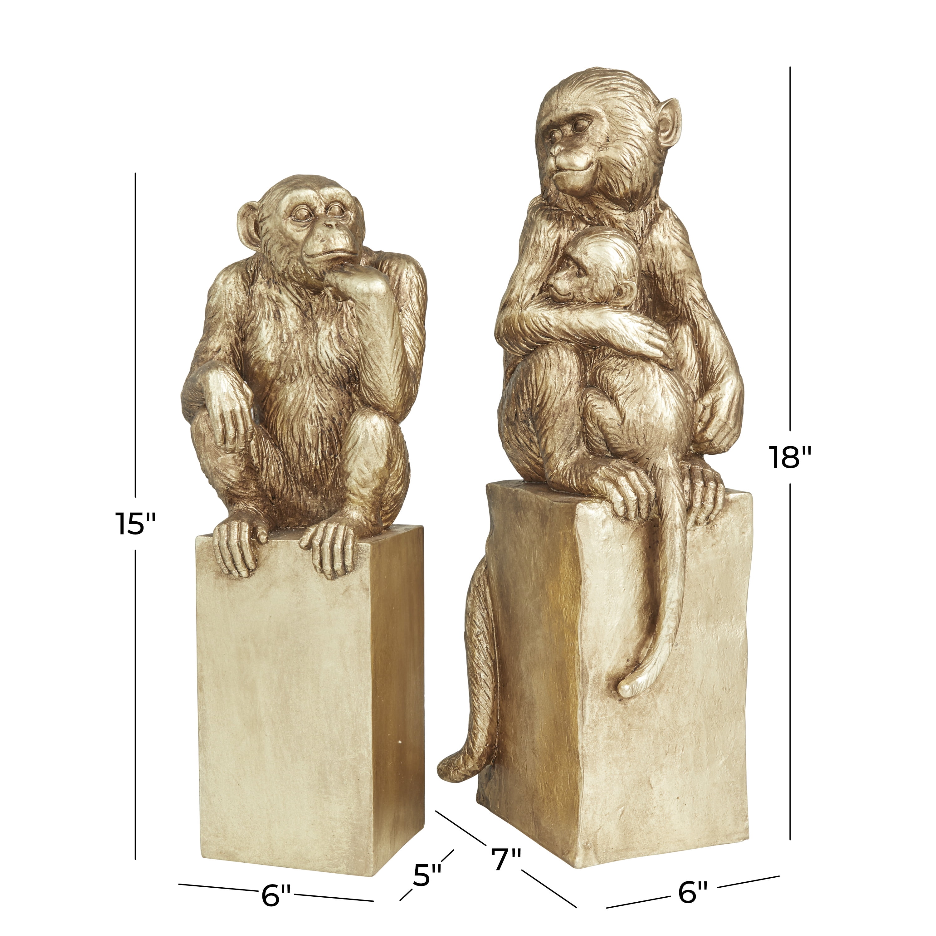 18", 15"H Gold Resin Monkey Sculpture, by DecMode (2 Count)
