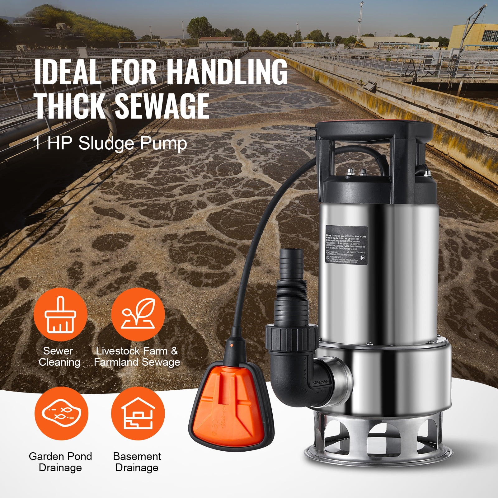 KFFKFF 1HP Submersible Pump, 4020GPH, 30FT Elevation, Stainless Steel for Clearing Water in Pools, Ponds, Basements, with 26FT Cord and Auto Float Switch
