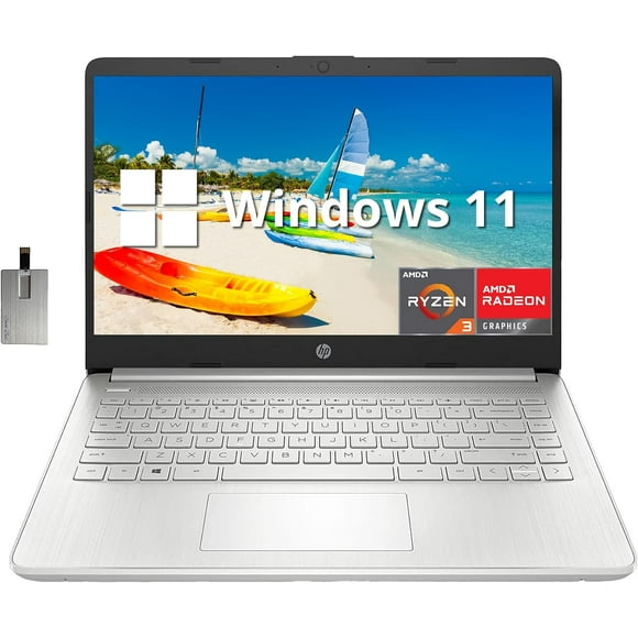 HP Portable à Écran IPS FHD 14 Pouces, AMD Ryzen 3-3250U, 8 Go de RAM, SSD PCIe 128 Go, Graphiques AMD Radeon, Caméra True Vision HD, Wi‐Fi 5 et Bluetooth, Windows 11 S, Argent, Carte USB Hotface 32 Go