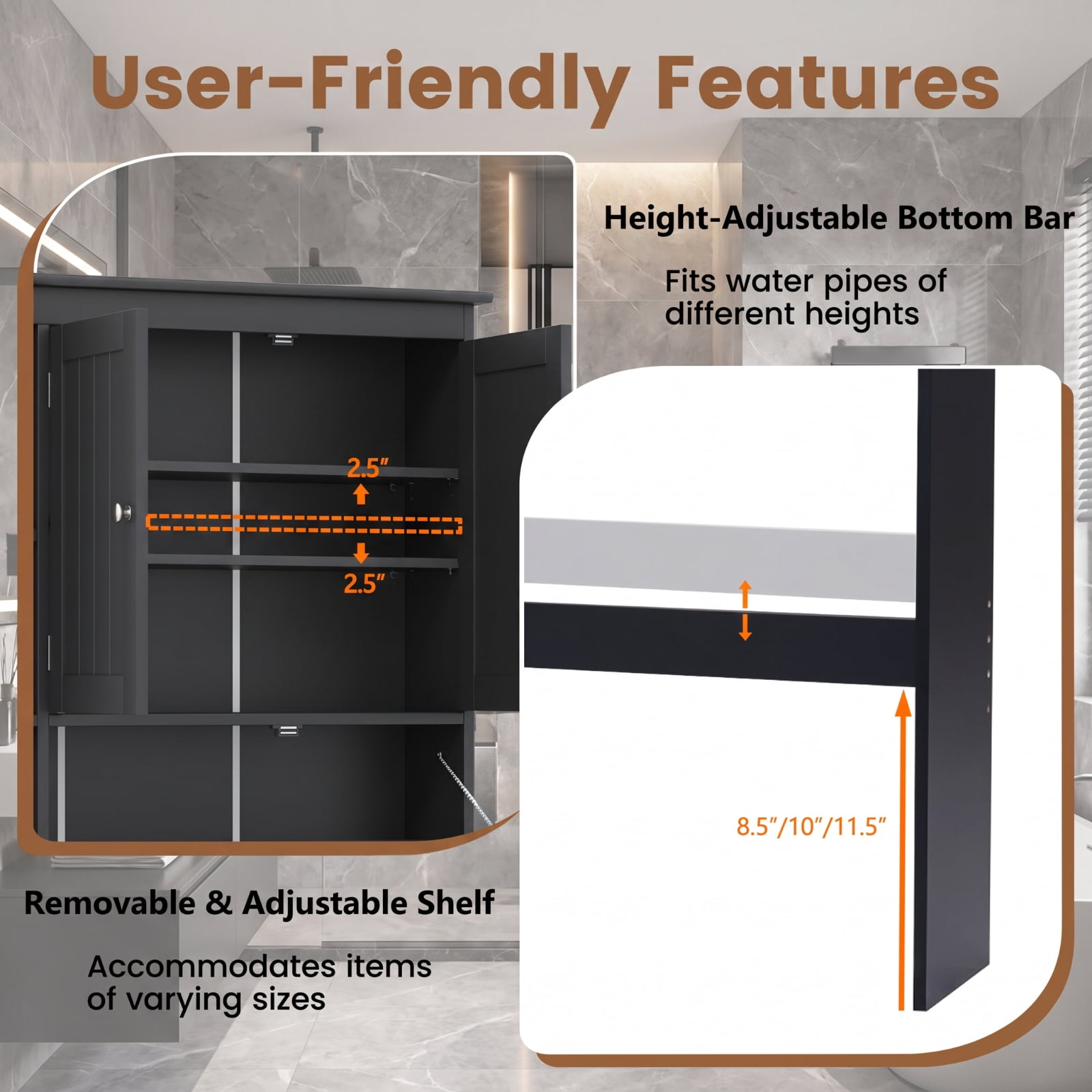 Vebreda Over-the-Toilet Storage Cabinet, Freestanding Bathroom Space Saver with 2 Cabinets, 5 Open Compartments and Height-Adjustable Bottom Bar, Tissue Box Slot, White and Black
