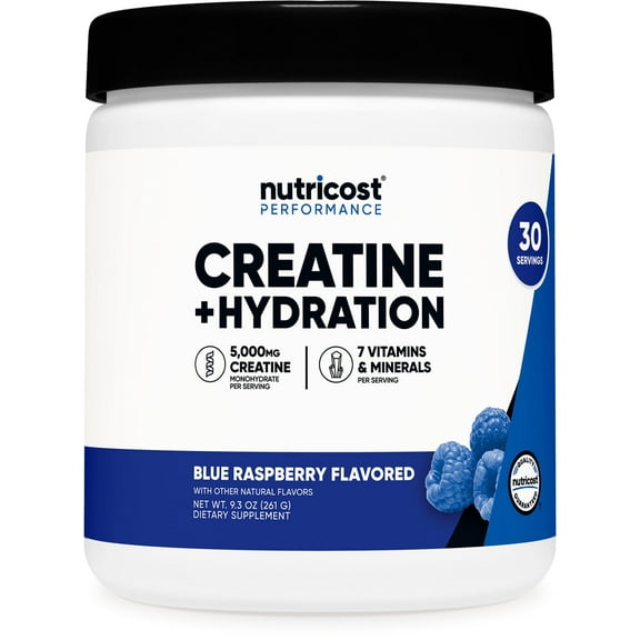 Nutricost Creatine Monohydrate   Hydration Powder (Blue Raspberry) 30 Servings - 7 Vitamins & Minerals,  5000mg of Creatine per Serving