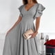 thumbnail image 2 of Vestido corto de manga con volantes para mujer, elegante, de Color puro, con cuello en V, cintura fruncida, vestido a media pierna para el trabajo, 2 of 5