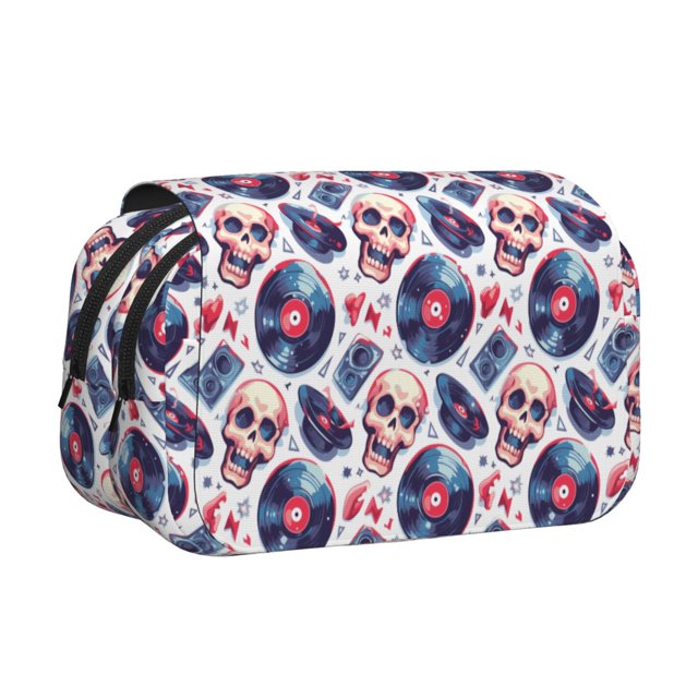 Disketp record rock music Skull Estuche de Lápices de Doble Capa con Tapa Abatible y Cremallera, Organizador Escolar para Adolescentes y Adultos
