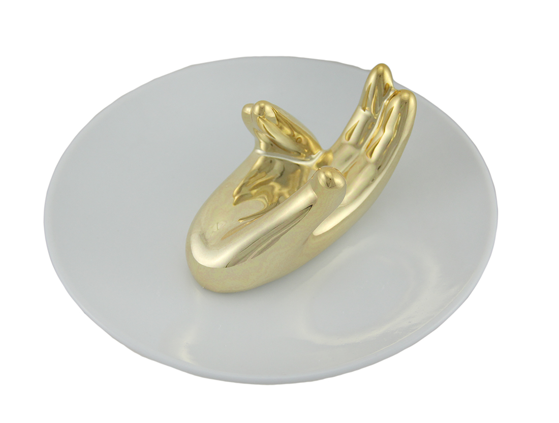 Zeckos Gold Painted White Ceramic Helping Hand Jewelry Dish Ring Holder