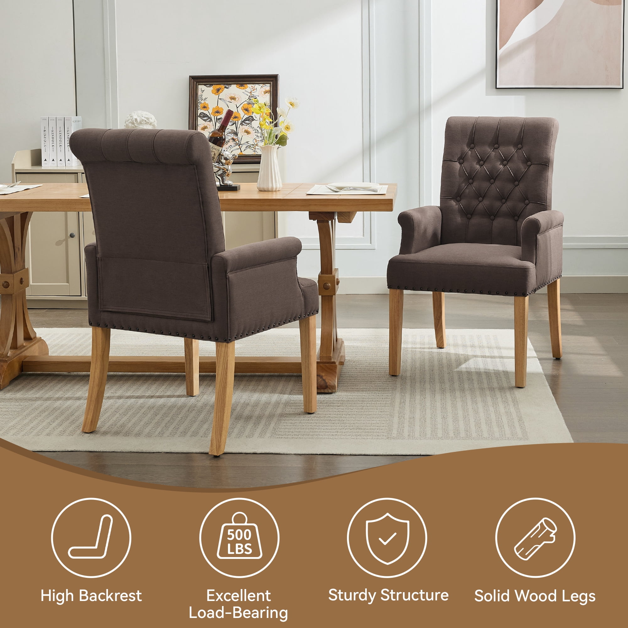Fabric Upholstered Dining Chair with Arms, Tufted High Back Accent Coffee Armchair for Kitchen Dining Room Living Room, Brown