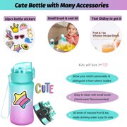 Oldley Kids 12oz Water Bottle with Spill Chug, Flip Top, Fruit Strainer, Green Purple