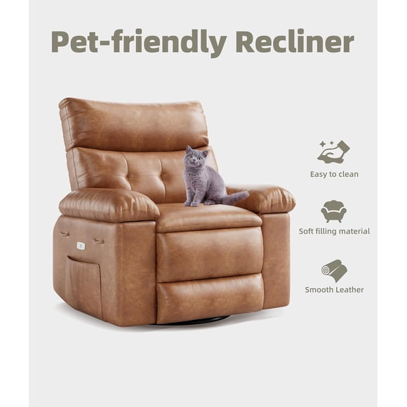 Swivel Rocking Recliner Chair, 56" Wide PU Leather Reclining Nursery Rockers with Heat & Massage, 360° Round Base Rocker Recliner Chair with Pull Handle, Silla Mecedora, Vintage Dual-Tone