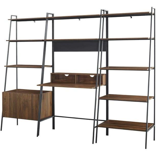 3 Piece Metal and Wood Ladder Desk with Storage Shelf in Dark