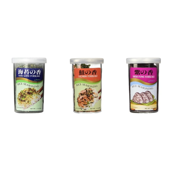 Ajishima JFC Rice Seasoning Fumi Furikake 3 Flavor Mixed Bundle (Nori Komi,Salmon,Shiso) Plus NineChef Brand Long Handle Coffee Spoon