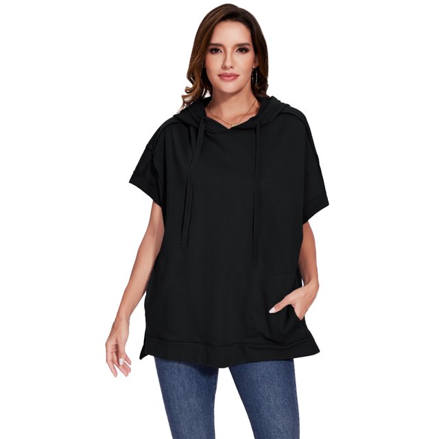 Sweat à Capuche Oversize à Manches Courtes pour Femmes avec Fentes Latérales