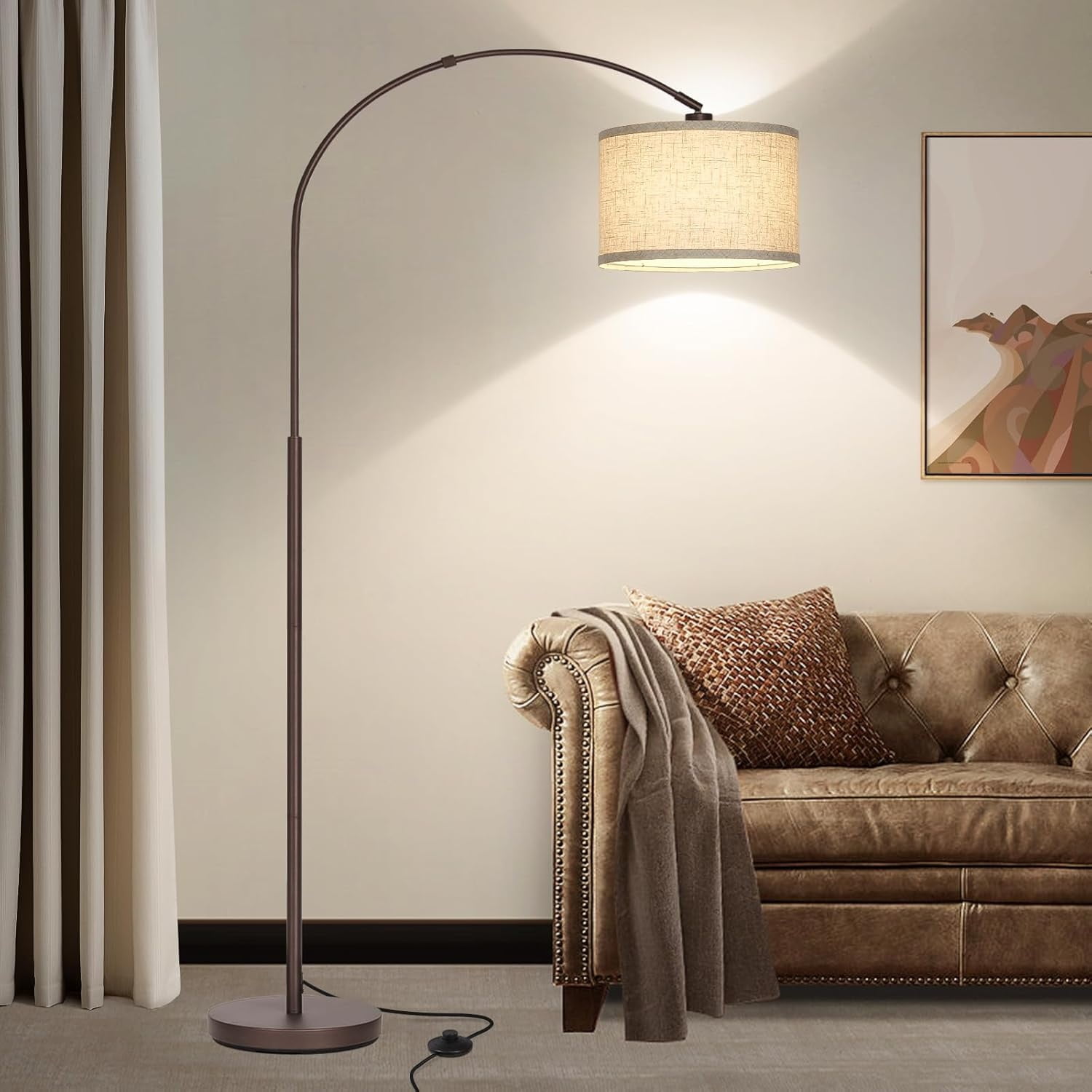Floor Lamp for Living Room, Lamp with Adjustable Head, Modern Tall Lamp with On/Off Pedal Switch, Over Couch Standing Hanging Light for Reading, Bedroom, Office (Brown)