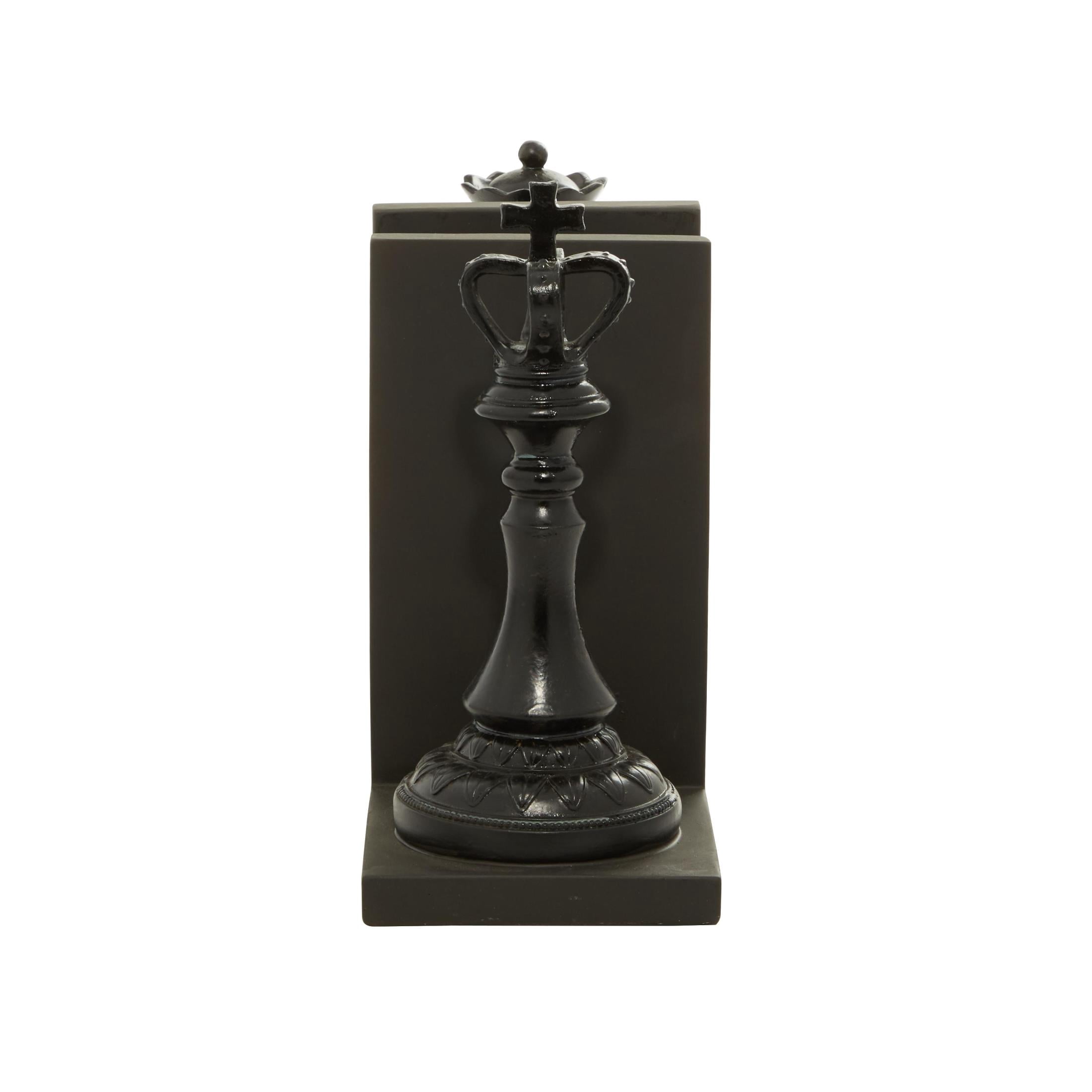 DecMode 5" Chess Black Polystone Bookends with King and Queen (Set of 2)