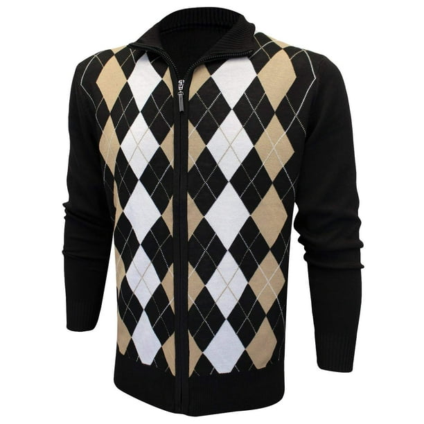 Enimay Mens Argyle Zip Up Golf Long Sleeve Zipper Sweater Black 