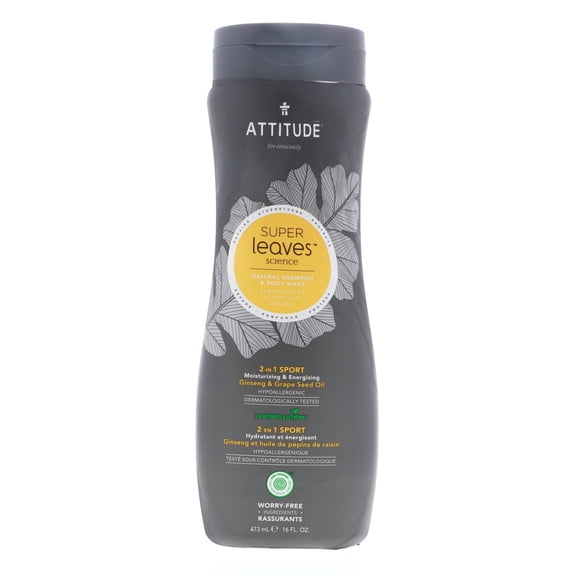 Attitude Natural Shampoo & Body Wash 2-in-1 - Sports Men, Ginseng & Grape Seed Oil, 16 Fluid Ounce