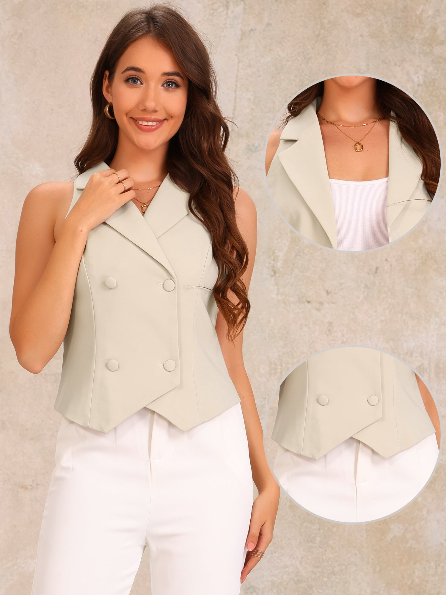 DARING DIVA Women's Notched Lapel Waistcoat Vest Double Breasted S Apricot