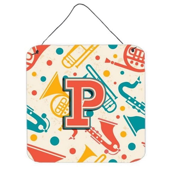 Letter P Retro Teal Orange Musical Instruments Initial Wall and Door Hanging Prints
