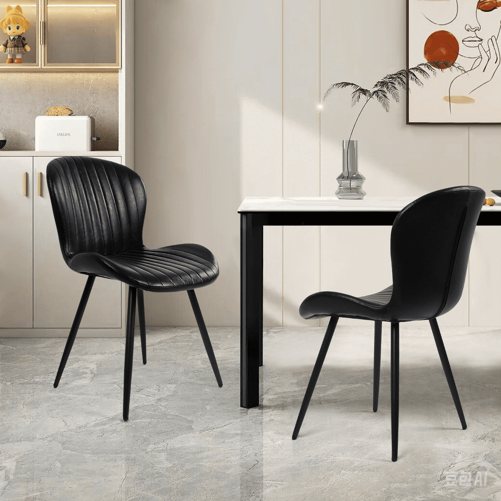 Set of 2 Black Modern Dining Chairs, 2nd-Gen Leather Upholstery, Ergonomic Curved Backrest, Sturdy Metal Legs, 400 lbs Capacity, Waterproof & Scratch Resistant