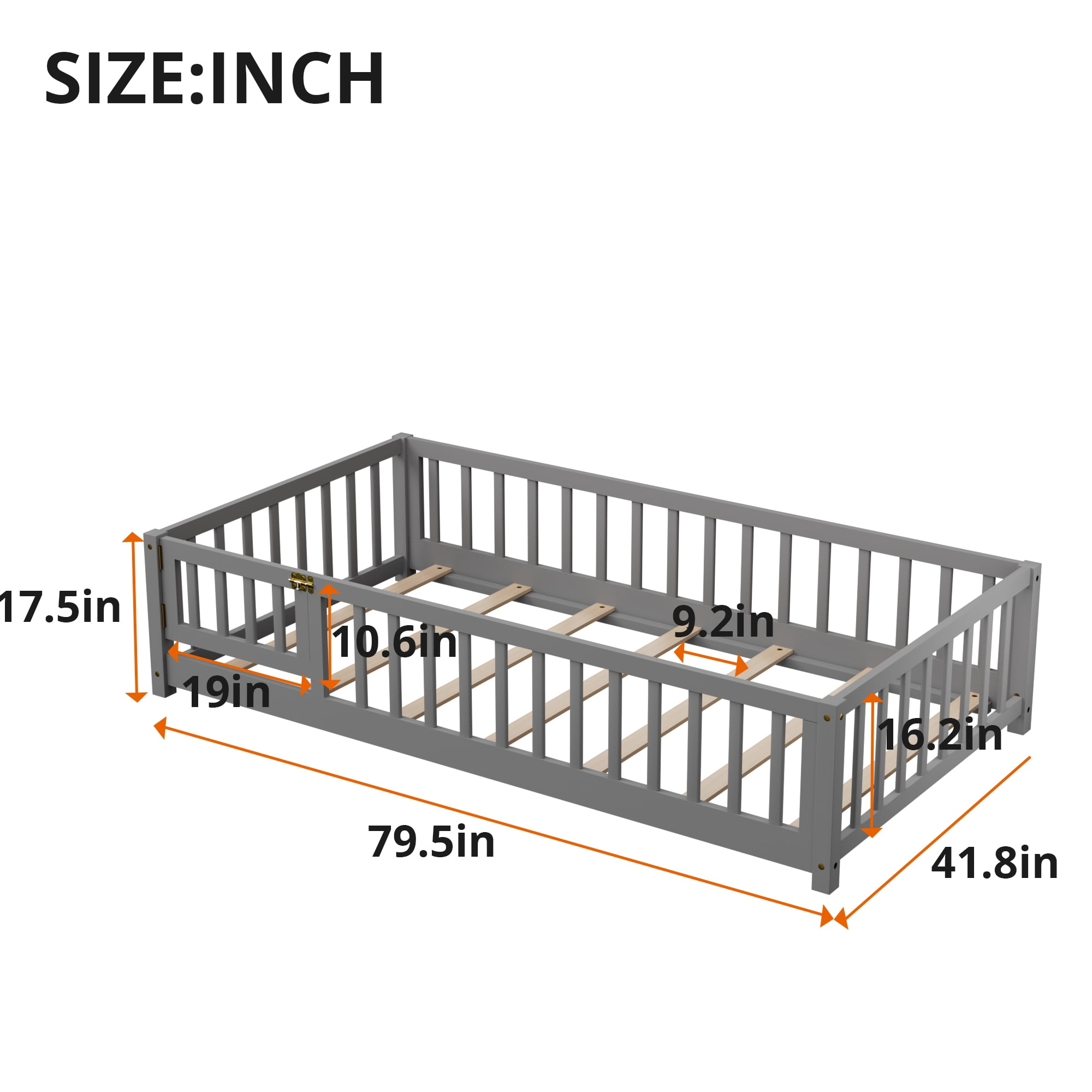 Twin Size Wood Floor Bed Frame with Fence and Door, Gray